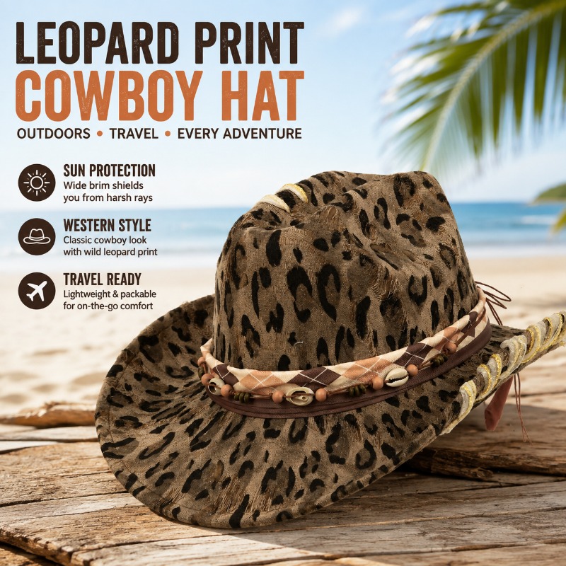 Cowboy Hat Straw - قبعة رعاة البقر الغربية بنقشة الفهد،